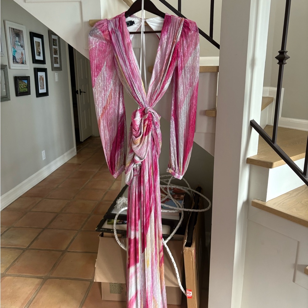 Pat Bo, metallic Pink and White Tie-Front Maxi Dress.